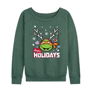 Women's - Teenage Mutant Ninja Turtles - Happy Holidays Lightweight French Terry Wide Neck Long Sleeve Shirt - 1 of 4