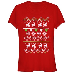 Juniors Womens Lost Gods Ugly Christmas Reindeer & Hearts T-Shirt - 1 of 3