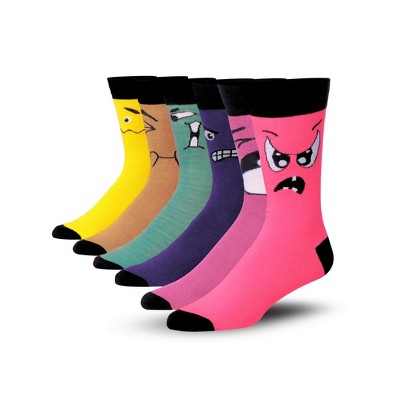 JAMES FIALLO Men's 6-Pairs Funky Spectrum Smiles Monster Faces Colorful Patterned Crew Dress Socks