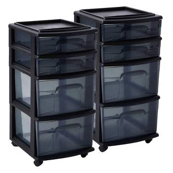 Homz Tall Solid Plastic Versatile 4 Drawer Medium Home Storage Cart with 4 Caster Wheels for Home, Office, Dorm, and Classroom, Black (2 Pack)