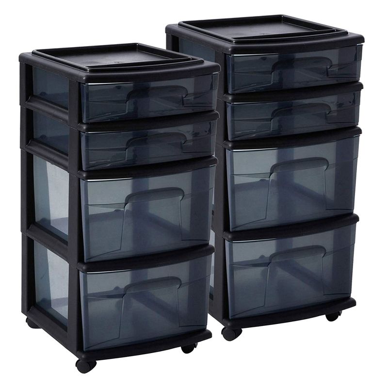 Homz Tall Solid Plastic Versatile 4 Drawer Medium Home Storage Cart with 4 Caster Wheels for Home, Office, Dorm, and Classroom, Black (2 Pack), 1 of 7