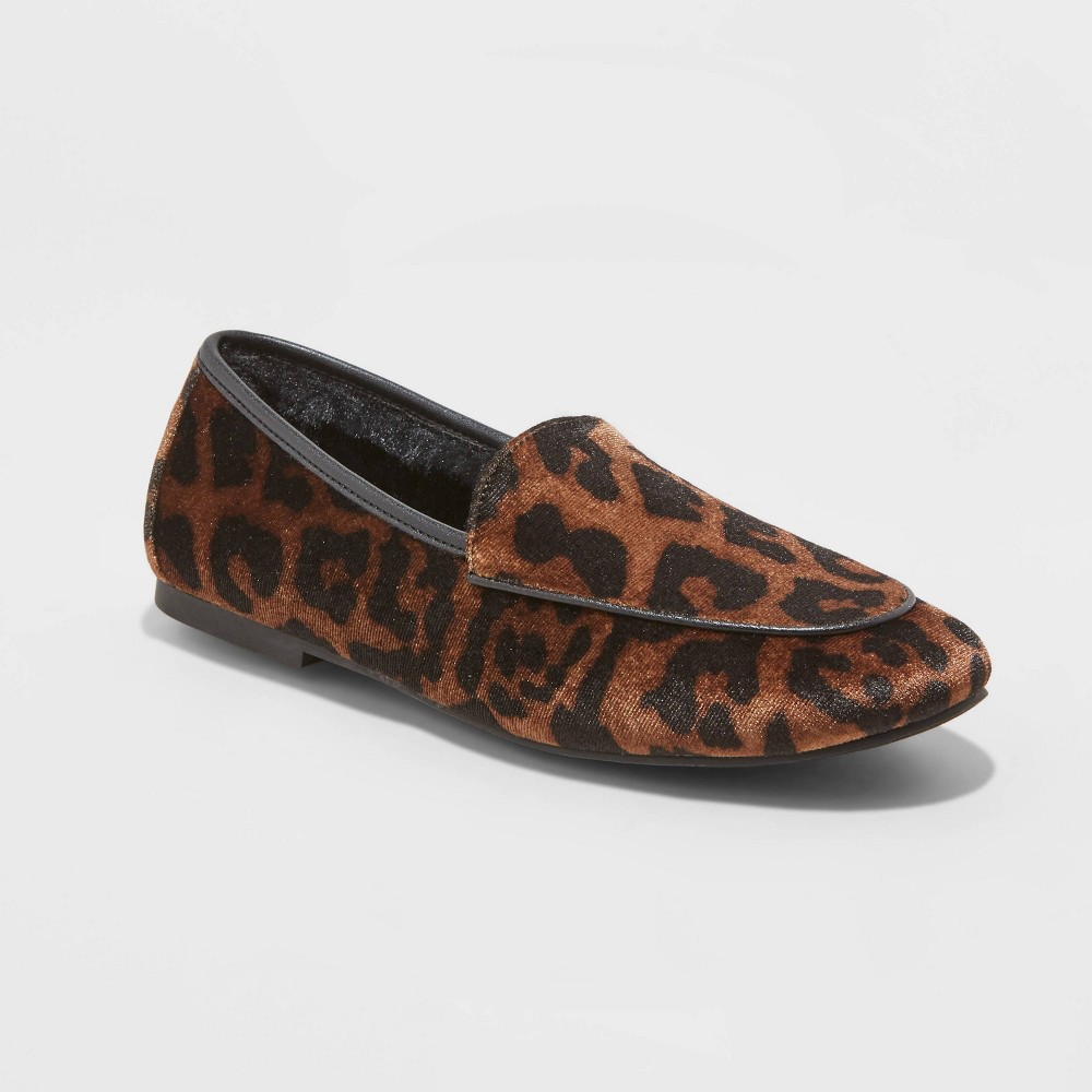 Women's Size 5 Kasia Leopard Print Faux Fur Loafers - A New Day Brown 5