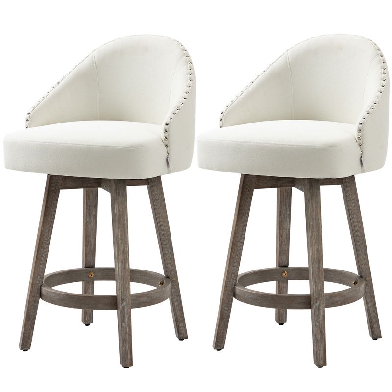 HOMCOM Bar Stools Set of 2, Linen Fabric Kitchen Counter Stools with Nailhead Trim, Rubber Wood Legs and Footrest for Dining Room, Counter, Pub, 4 of 7