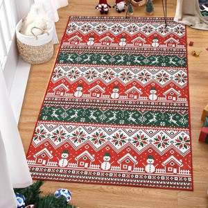Jojoka Area Rug Festive Christmas Area Rug with Snowman & House, Non-Slip Stain Resistant Floor Mat for Dining Room Home Office Holiday Decoration - 1 of 4
