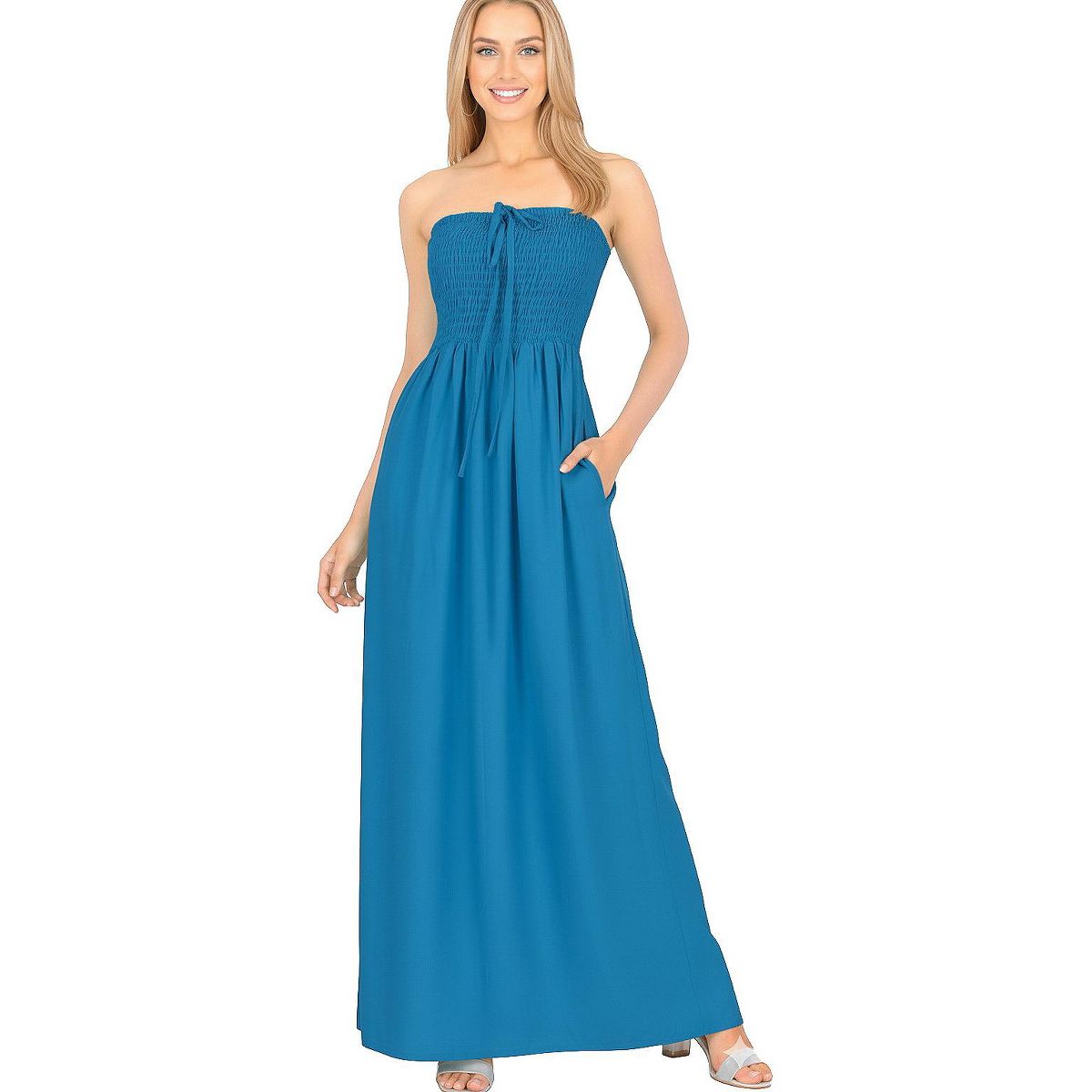 LA LEELA Women's Bandeau Maxi Dress Evening Wear Solid Smocked Top Maxi Slit Dress Casual Strapless Tube Dresses for Women One Size Cobalt, Solid