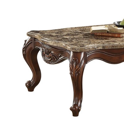 Traditional Cherry Oak and Marble Rectangular Coffee Table