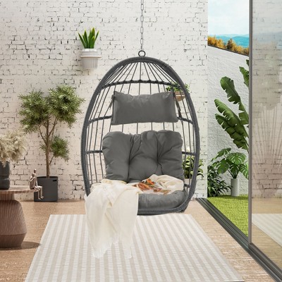Sapphtopaz Porch Swing Egg-Shaped Swing Chair Rattan Hanging Seat Swing Chair with Cushions and Chain for Indoor, Garden, Terrace, Dark Gray+Gray