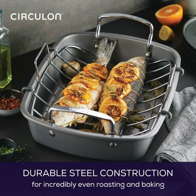 Gray Carbon Steel Nonstick Roasting Pan with Rack and Handles
