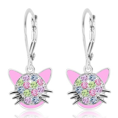Chanteur Hypoallergenic Kids Jewelry Cat Pink Crystal White Gold Palladium Plating Earrings leverback is made from 925 Sterling silver