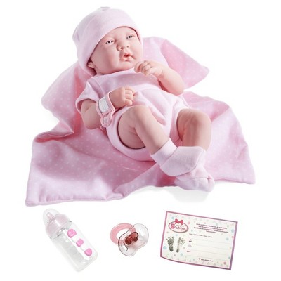 JC Toys La Newborn 14" Girl Baby Doll 9pc Set - Pink Romper