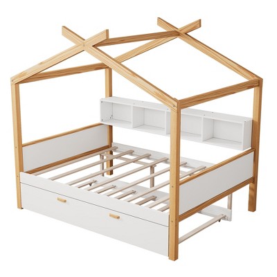 VYNXARIA White Full Wooden House Bed with Original Wood Frame, Twin Trundle and Storage Rich Bookshelf: Ideal for Children's and Guest Rooms