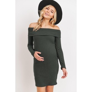 Hello Miz Women's Ribbed Off Shoulder Long Sleeve Bodycon Maternity Dress - 1 of 4