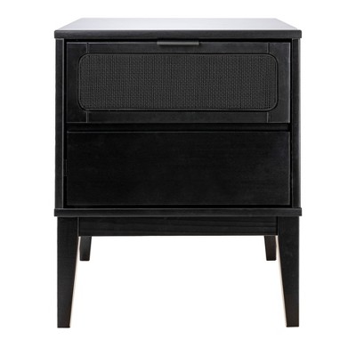 Black Wood Nightstand with Woven Cane Detail and 2 Drawers