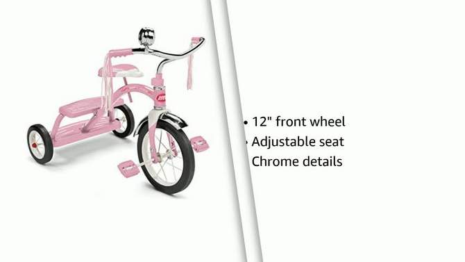 Radio Flyer 33PZ 12 Inch Spoked Front Wheel Kids Classic Style Steel Framed Dual Deck Tricycle with Handlebar Bell and Streamers, Pink, 2 of 8, play video