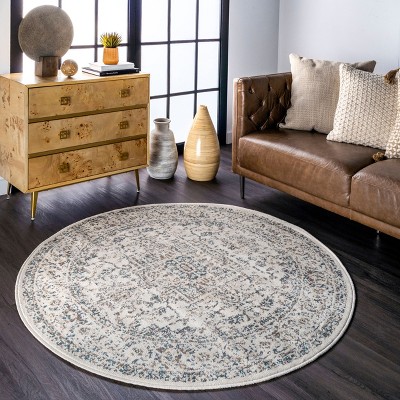 Tanith Cream and Gray Round Synthetic Medallion Rug, 5 ft
