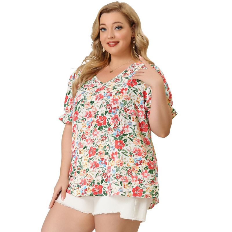 Agnes Orinda Women's Plus Size V Neck Ruffle Sleeve Floral Summer Casual Blouses, 4 of 7