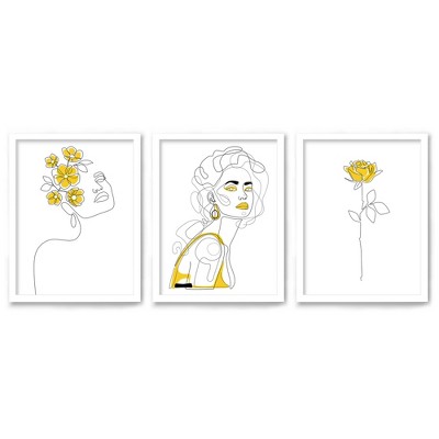 (Set of 3) Triptych Wall Art Yellow Female Line Art by Explicit Design - Set of 3 Framed Prints - Americanflat