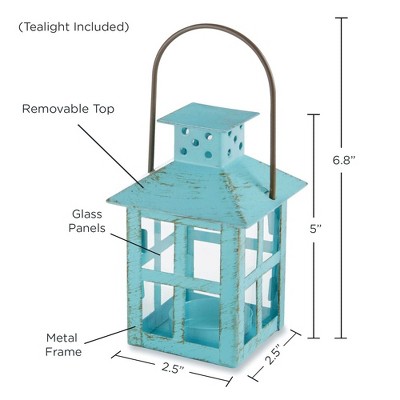 Distressed Blue Iron and Glass Tabletop Candle Lantern