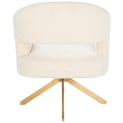 Ivory Faux Lamb Wool Geometric Swivel Accent Chair with Gold Base