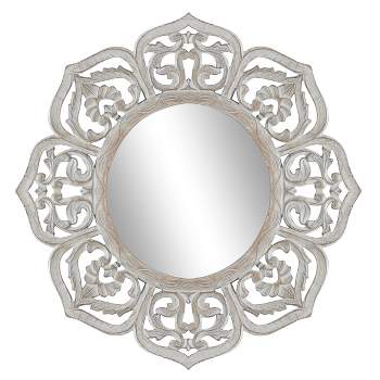 Farmhouse Wood Floral Carved Wall Mirror with Cutout Design White - Olivia & May