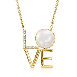 Ross-Simons 11-11.5mm Cultured Pearl and .18 ct. t.w. Diamond "Love" Necklace in 18kt Gold Over Sterling Size 18 - 1 of 3