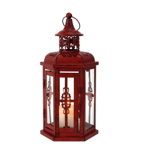 HomeRoots 10" Red Distressed Filigree Metal Tabletop Lantern Candle Holder - 1 of 4