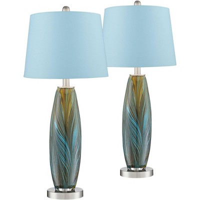 360 Lighting Modern Coastal Table Lamps 26.75" High Set of 2 Blue Brown Art Glass Brushed Nickel Hardback Drum Shade for Living Room Bedroom