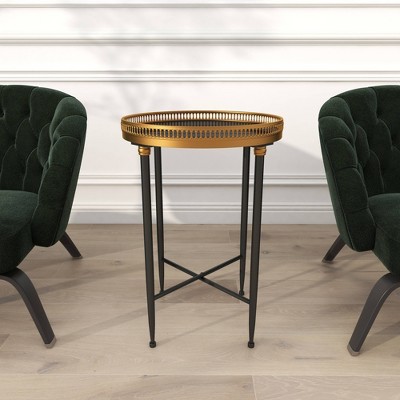Black Round Metal and Stone Accent Table with Graduated Legs