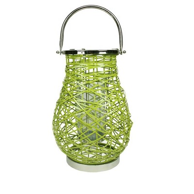 Northlight 16.25" Modern Green Decorative Woven Iron Pillar Candle Lantern with Glass Hurricane