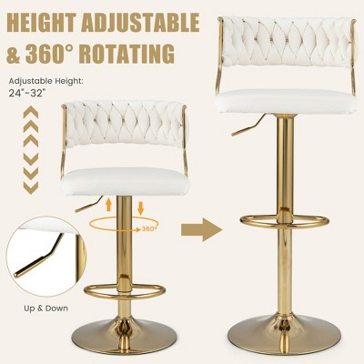 Beige Velvet Adjustable Swivel Bar Stools with Gold Metal Base, Set of 2