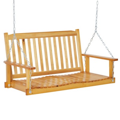 Wooden Swing Bench, Heavy Duty Outdoor Hanging Swing Chair with Adjustable Chains & Ergonomic Back, 440LBS Capacity for Patio, Courtyard, Garden