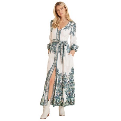 VENUS Womens Tie-Waist Linen Maxi Dress