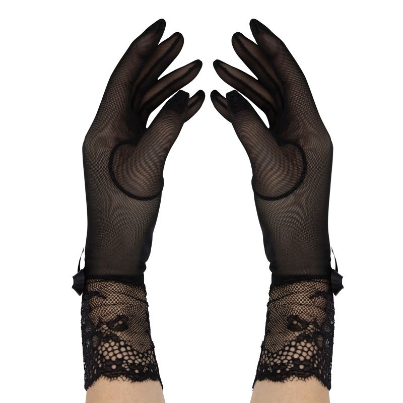 LECHERY Women's Mesh Gloves With Lace Detail & Bow (1 Pair) - One Size, Black, 4 of 7