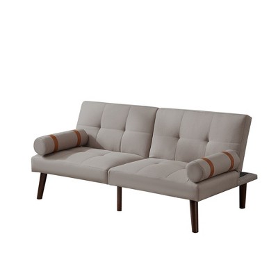 Convertible Sofa Bed Futon Linen Sleeper Couch with Adjustable Backrests Soild Wood Legs for Bedroom Living Room Grey