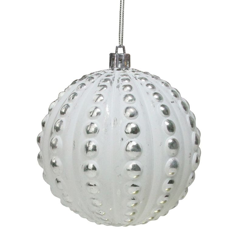 Northlight 3.75" Matte White and Silver Distressed Beveled Beads Christmas Ball Ornament, 1 of 5