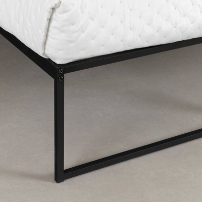 Queen Black Metal Frame Bed with Beige Upholstered Headboard