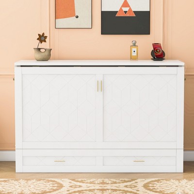 TIRAMISUBEST Full Size Murphy Bed with Charging Station and Drawer, Wood Folding Bed Frame with Honeycomb Pattern
