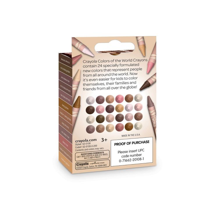 A box of Crayola Colors of the World crayons featuring 24 skin tone colored crayons with a proof of purchase section and product details on the back.