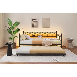 Twin Size Metal Daybed with Trundle, Sofa Bed Frame with Steel Slat Suppor, Twin Trundle Bed for Small Spaces, Bedroom, Apartment - 1 of 4