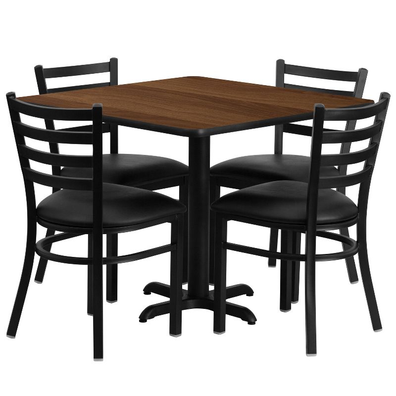 Flash Furniture 36'' Square Walnut Laminate Table Set with X-Base and 4 Ladder Back Metal Chairs - Black Vinyl Seat, 1 of 4