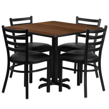 Flash Furniture 36'' Square Walnut Laminate Table Set with X-Base and 4 Ladder Back Metal Chairs - Black Vinyl Seat