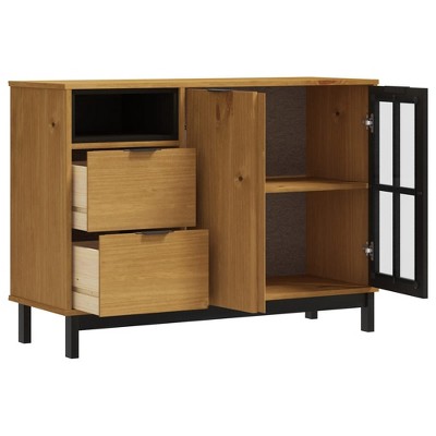 Solid Pine Wood Sideboard with Glass Door and Black Accents