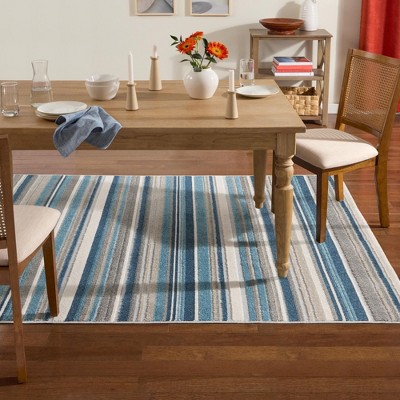 Blue Multicolor Stripe Synthetic Indoor Outdoor Area Rug