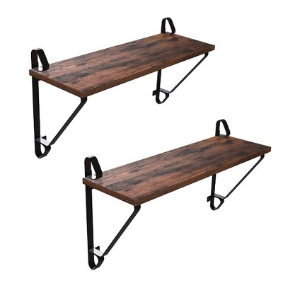 Set of 2 Iron Framed Wooden Wall Mounted Floating Shelves Brown - Benzara