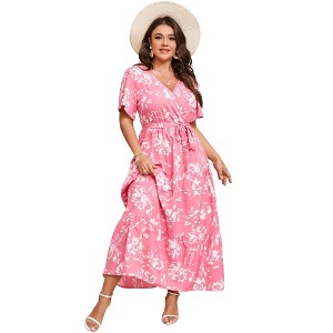 BLUEMING Plus Size Womens Dresses Floral Surplice A-Line Maxi Dress Waist Belted Floral Maxi Dress Wasit Tie Bell Sleeve Dress - 1 of 4