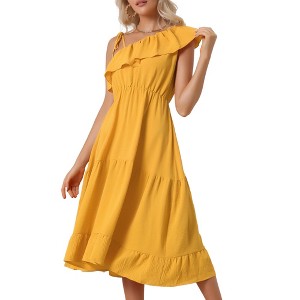 Allegra K Women's Summer One Shoulder Ruffle Neck Casual Flowy A-Line Tiered Sundresses - 1 of 4