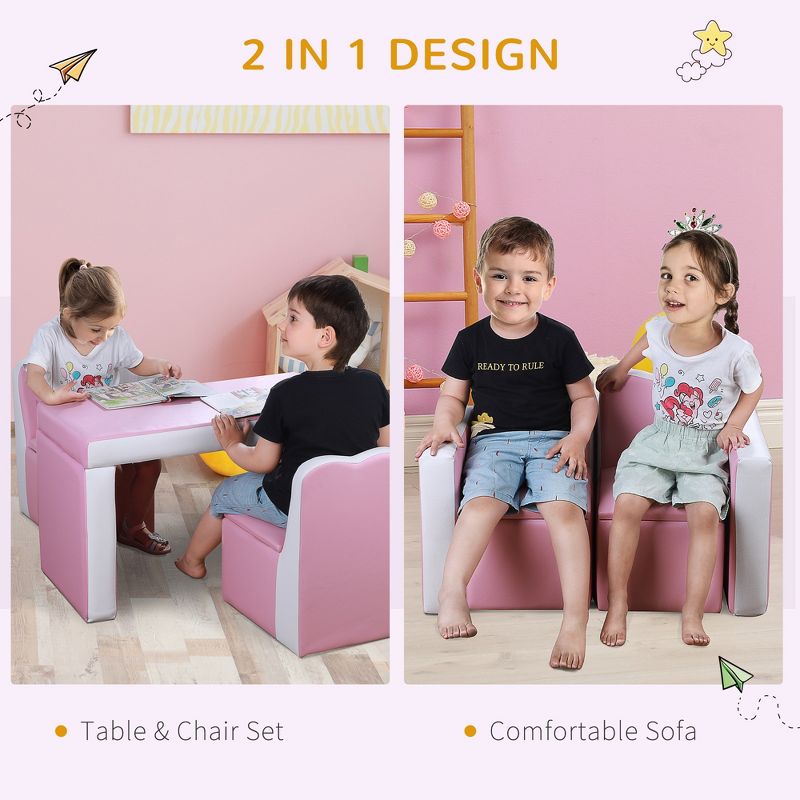 Qaba Kids Sofa Set 2-in-1 Multi-Functional Toddler Table Chair Set 2 Seat Couch Storage Box Soft Sturdy, 5 of 9