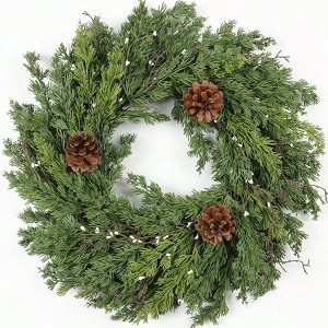 24 Inch Cypress Wreath for Front Door Real Pine Wreath Artificial Green Cedar with Pine Cones Winter Decor Indoor Outdoor - 1 of 4