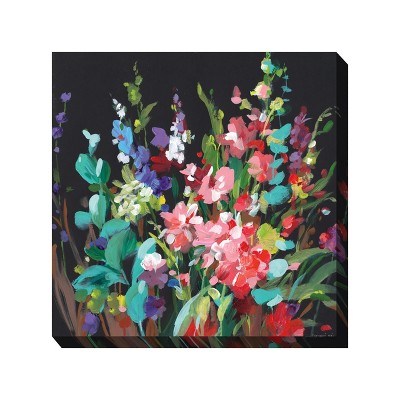 Cottage Garden West of The Wind ESCAPADES Pink, Teal, Black 24 x 24 Inch Waterproof Gallery Wrapped Canvas, Outdoor Garden, Yard, Patio All Weather