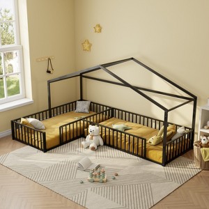 Double Twin Size L-Shaped Montessori House Bed Frame, Metal Corner Bed with Fence, Floor Bed Without Slats - ModernLuxe - 1 of 4